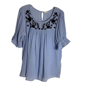 KORI Embroidered Puff Short Sleeve Top in Light Blue Size Large